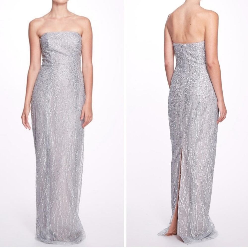 Marchesa Notte Strapless Beaded Glitter Maxi Column Gown w Caplet silver NEW - Picture 2 of 15